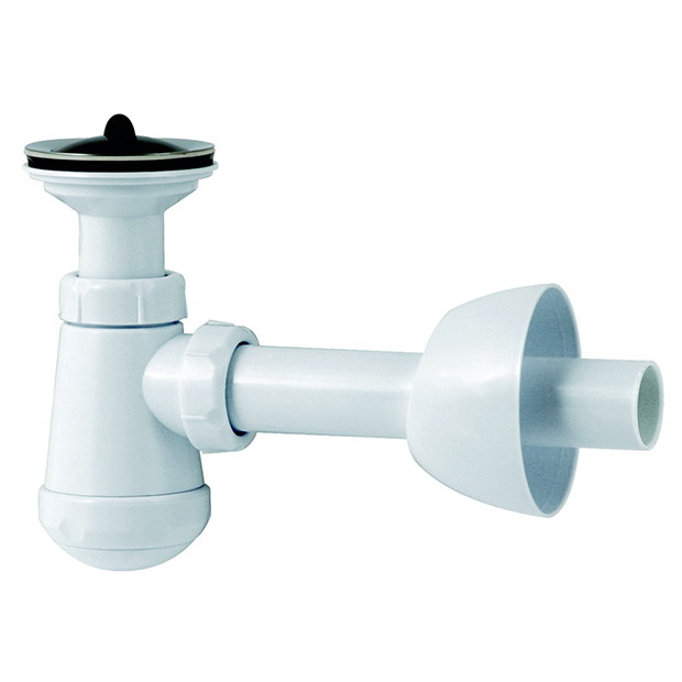 Plugbekersifon met muurbuis, rozet en rubberen stop, type S-355